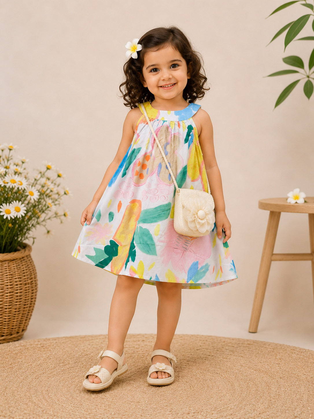 Girls Artistic Floral Dress with Purse – Sleeveless Cotton Summer Outfit